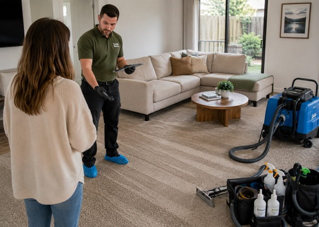 Carpet Revive technician walking a Melbourne homeowner through the finished carpet clean