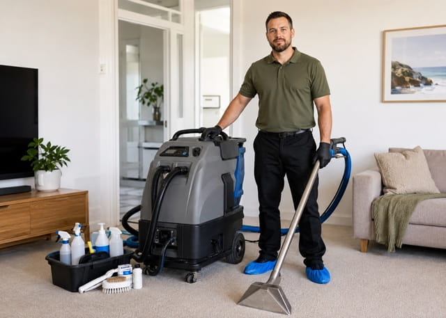 Technician deep cleaning the lounge carpet in a sunlit Perth family home