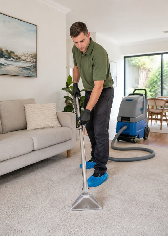 Carpet Revive technician steam cleaning a living room carpet in a Sydney home