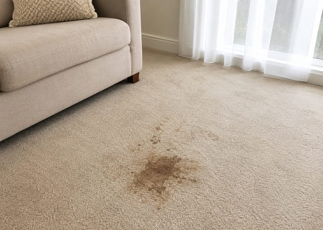 Stained living room carpet before steam cleaning in a Melbourne home