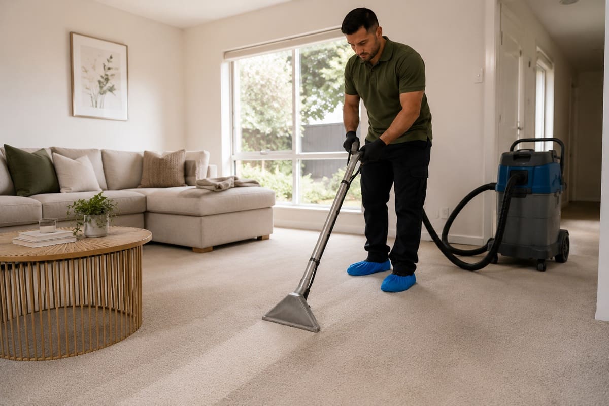 Deep steam clean of a family room carpet in a Perth home, steam rising from the extraction wand