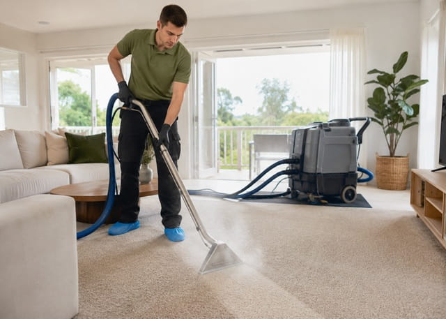 Carpet steam cleaning in Sydney – hot water extraction with visible steam and clean stripe