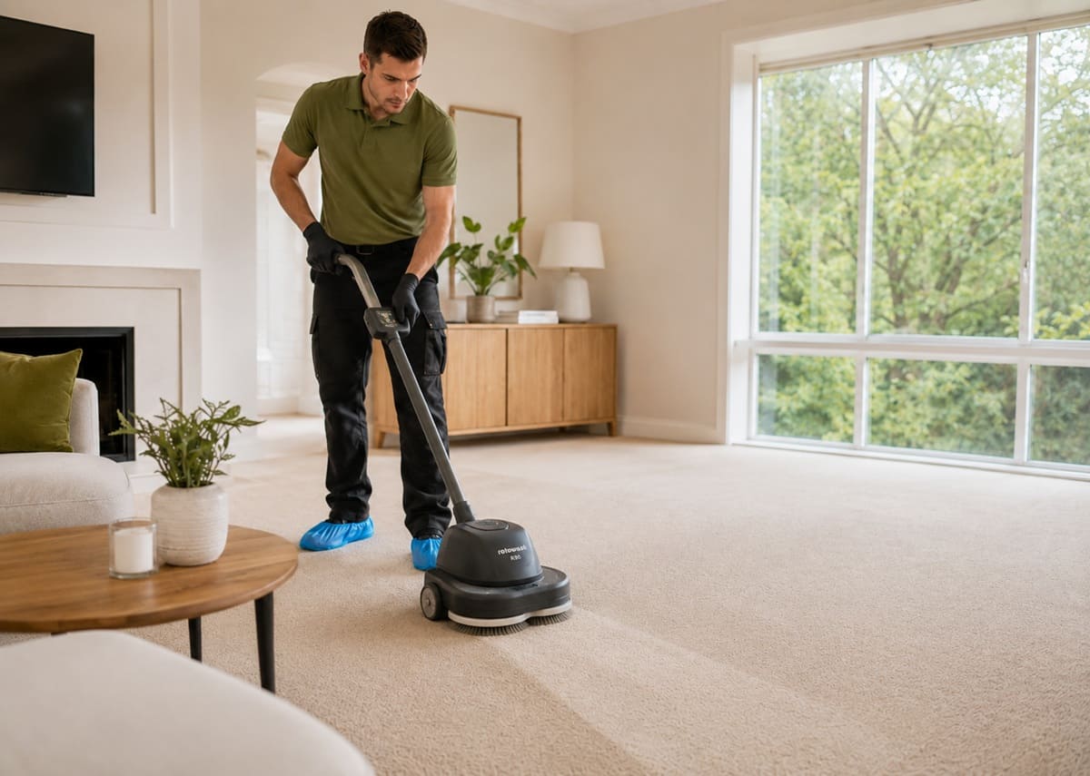 Technician refreshing carpet with a low-moisture dry cleaning system, Perth living room