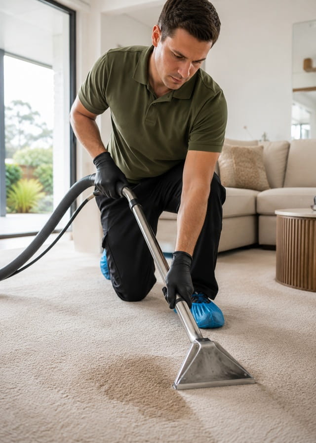Professional carpet cleaner with hot water extraction machine in a Sydney living room