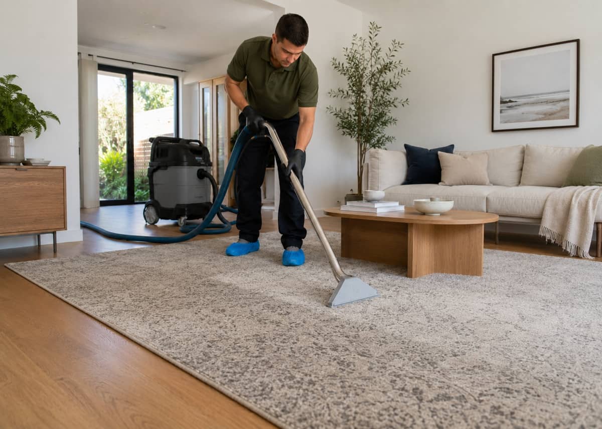 Careful extraction cleaning of a wool area rug in a sunlit Perth home