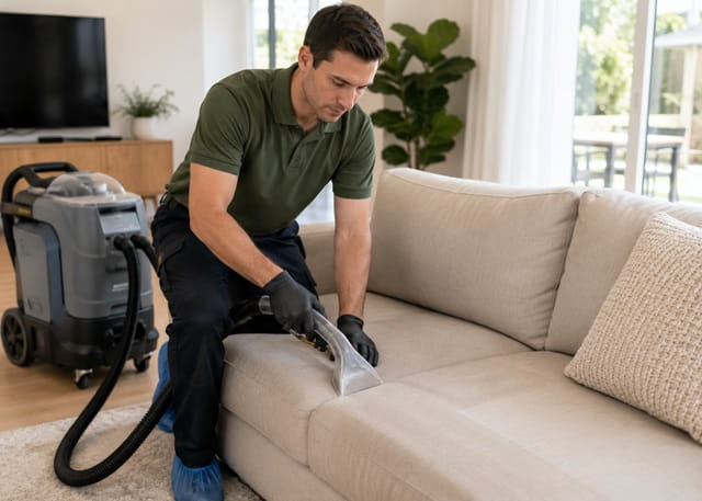 Upholstery cleaning in Sydney – technician deep cleaning a fabric sofa cushion