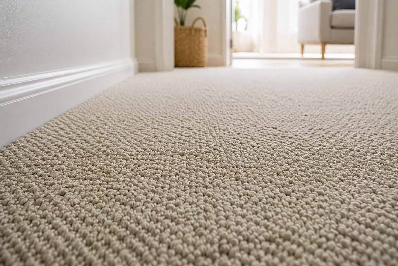 Close-up of a Berber loop-pile carpet texture in a modern Australian hallway.