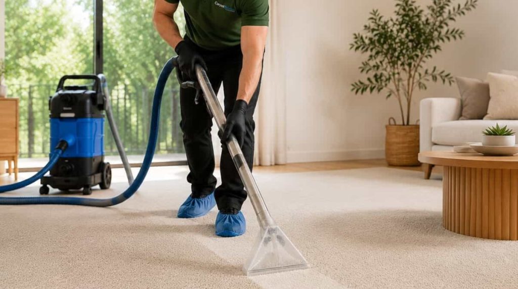 Professional technician steam cleaning a beige carpet in a bright modern Australian home.