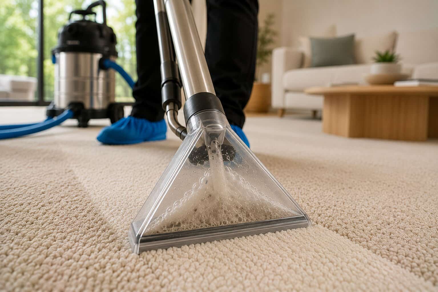 Close-up of a transparent hot water extraction wand deep cleaning a light beige carpet in a modern Australian home