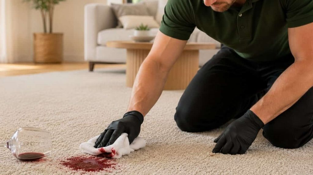 Professional carpet cleaning technician blotting a fresh red wine stain from a light beige carpet in a modern Australian home