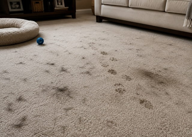 Muddy paw prints and pet stains on a living room carpet before professional cleaning