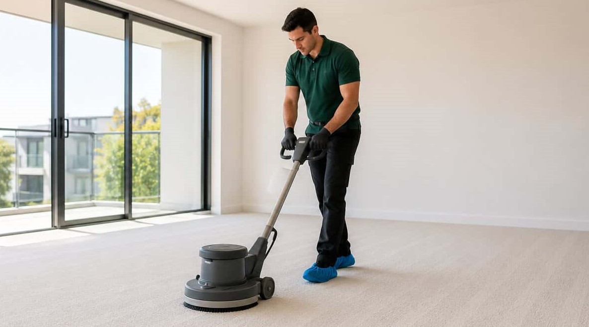 End of lease carpet dry cleaning in Perth using a professional dry carpet cleaning machine in an empty rental property