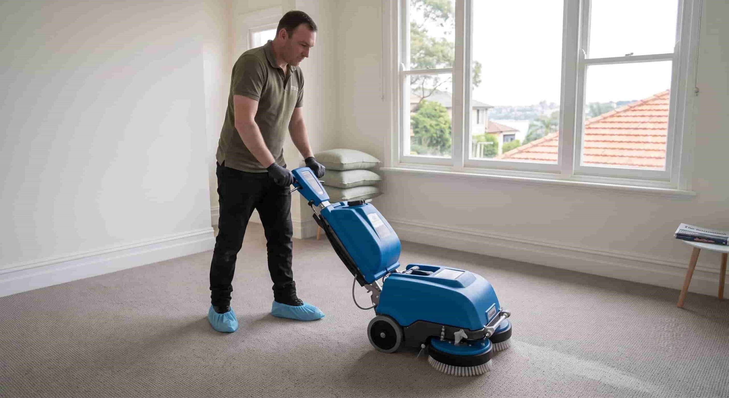 Technician dry cleaning wool carpet with a counter-rotating brush machine in a Sydney home