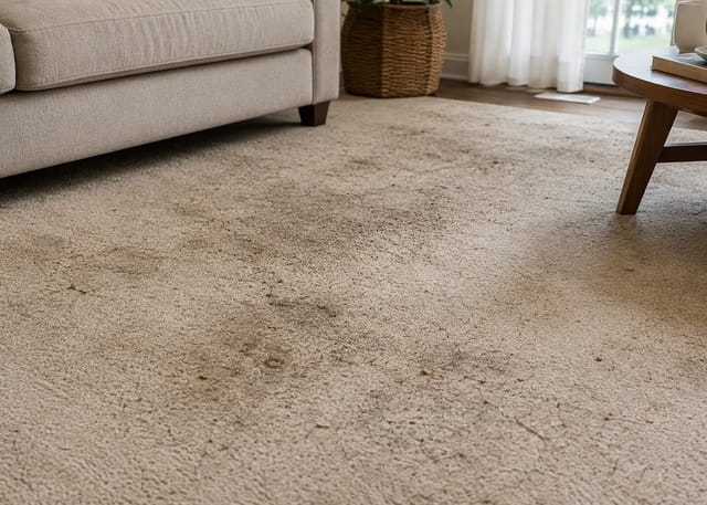 Carpet with typical problems – spills, traffic wear and trapped dirt – being deep cleaned
