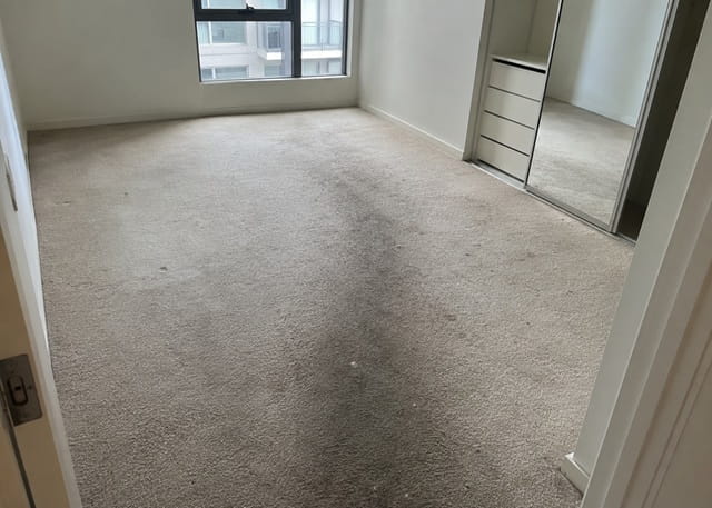 Stained bedroom carpet before steam cleaning in a Sydney home