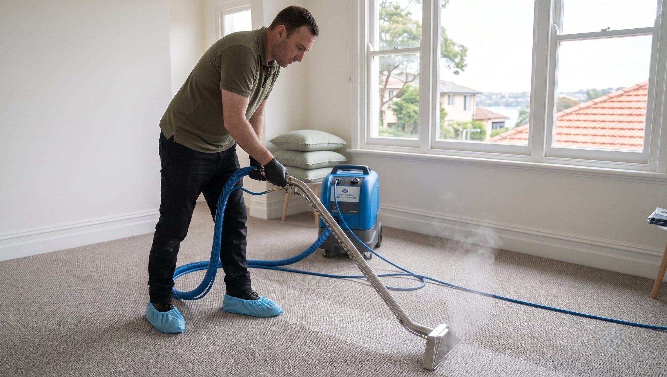 Technician steam cleaning carpet with hot water extraction in a Sydney living room