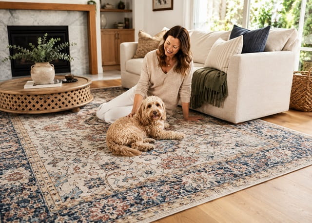 Freshly cleaned rug back in place in a bright Sydney living room, colours restored