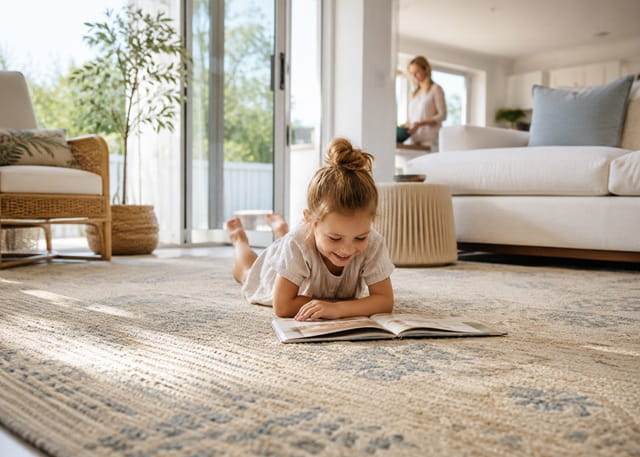 Hand feeling the soft, revived pile of a professionally cleaned rug in Perth