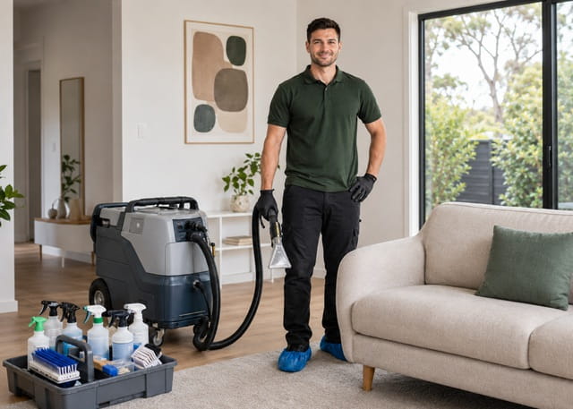 Couch cleaning technician with equipment set up in a Melbourne living room