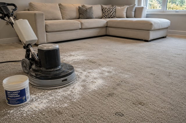 Stained living room carpet during dry cleaning – compound being worked in with a rotary machine, Melbourne