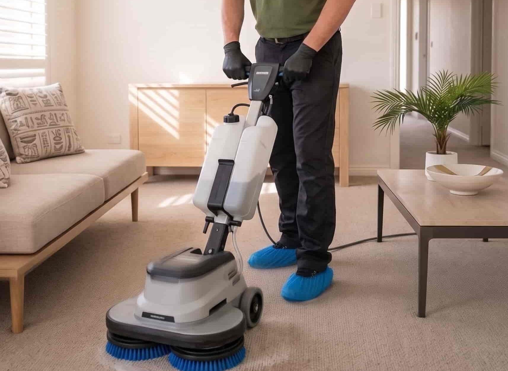Professional technician performing dry encapsulation carpet cleaning in a Melbourne home, removing stains with a modern, low-moisture machine.