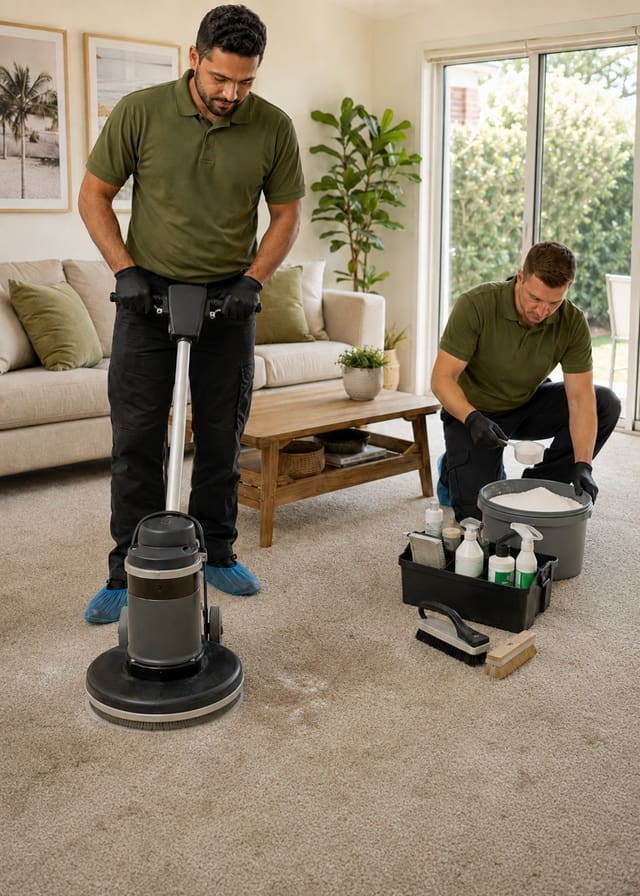 Perth technician mid dry-clean, with low-moisture equipment and fibre-safe products laid out on the carpet