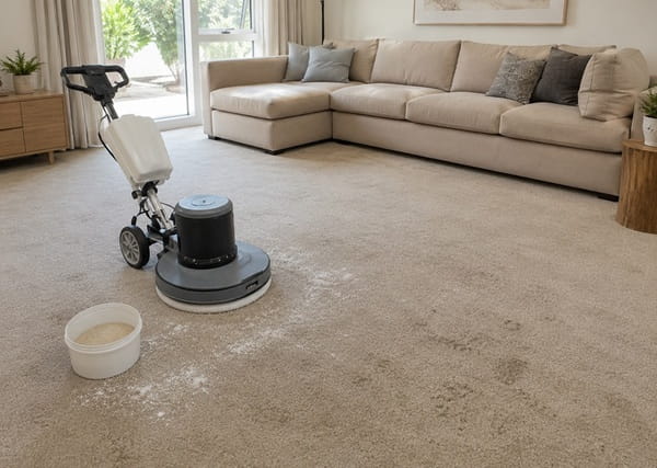 Dry cleaning compound worked into a soiled carpet with a rotary machine in a Sydney apartment
