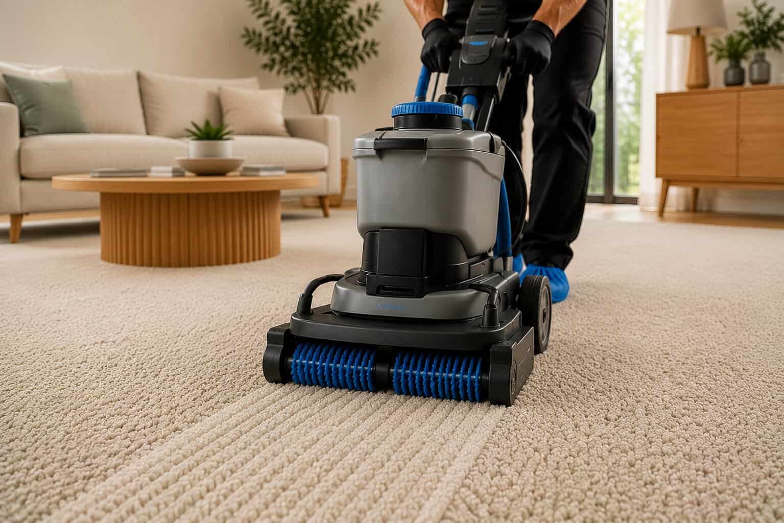 Close-up of a professional dry carpet cleaning machine grooming a light beige carpet in a modern Australian home