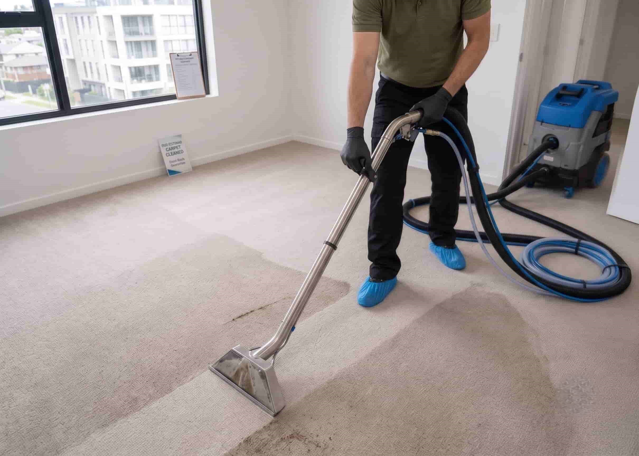 Technician steam cleaning carpet in an empty Melbourne bedroom for end of lease