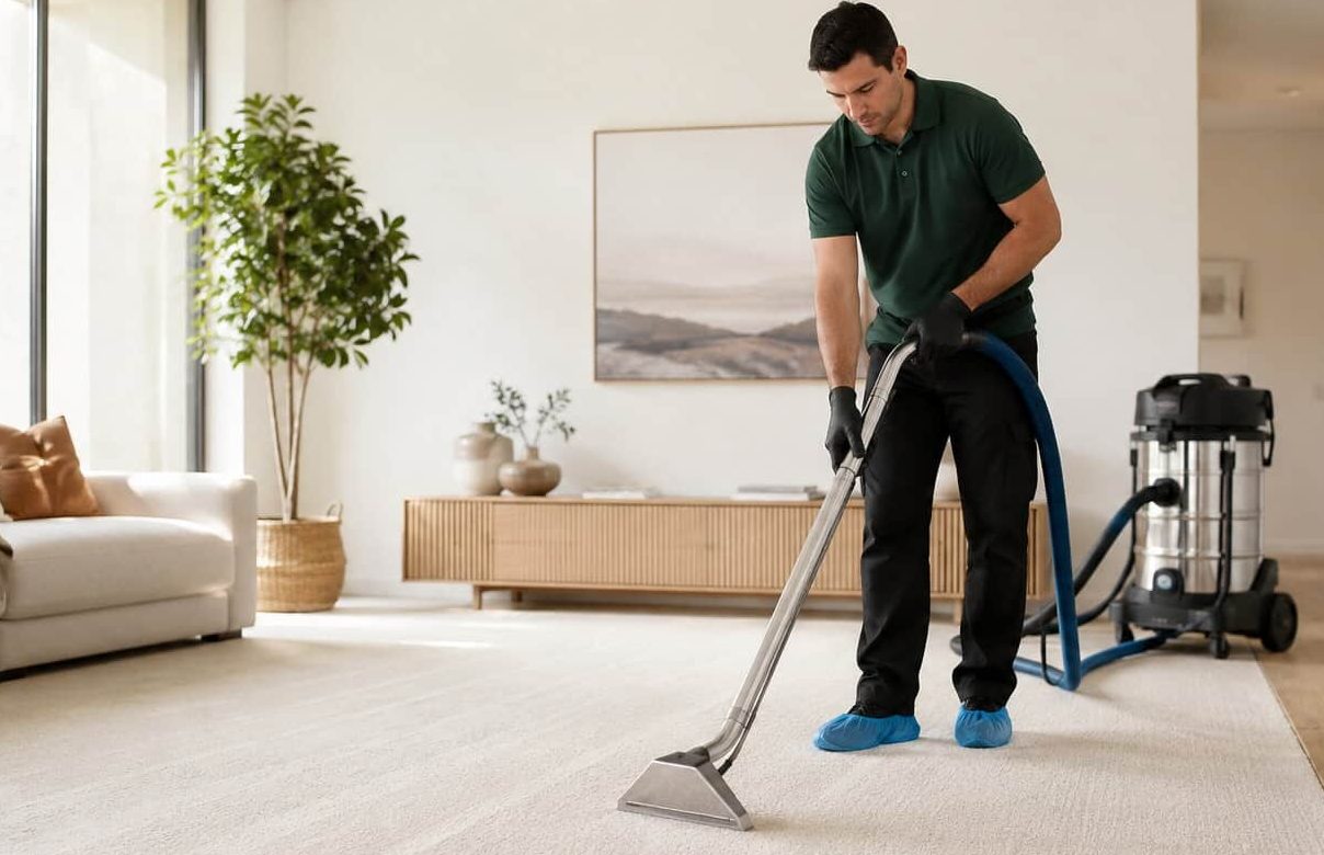 Professional technician performing end of lease carpet cleaning in a bright modern Sydney living room