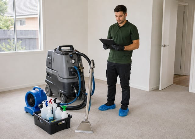 Technician completing the carpet cleaning receipt tenants hand to their Melbourne property manager