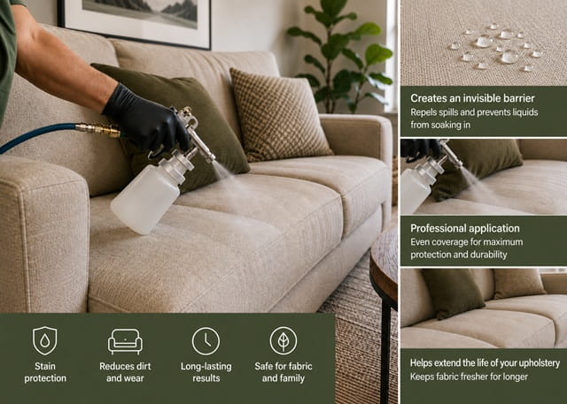 Fabric protection treatment sprayed evenly onto a sofa – invisible barrier that repels spills and stains