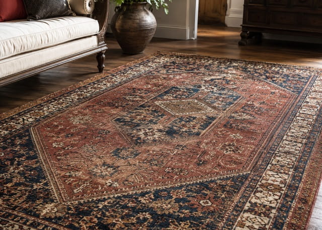 Handwoven antique rug with aged natural dyes, cleaned with gentle methods