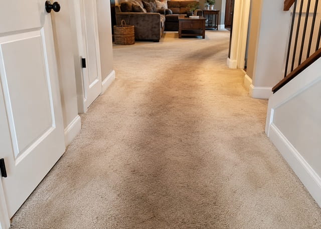 Grey traffic lanes worn into hallway carpet before professional cleaning