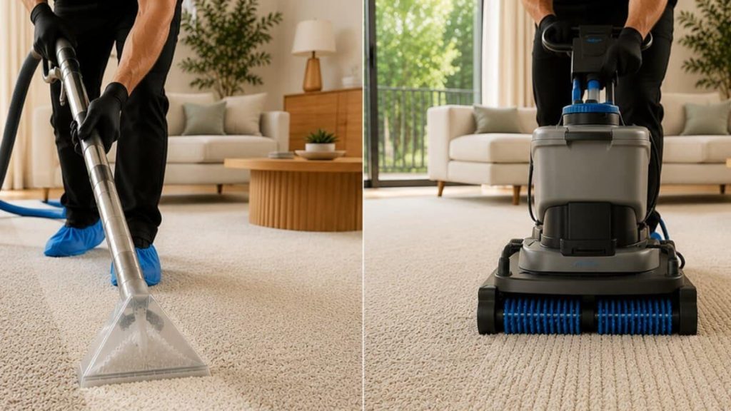 Professional hot water extraction and dry carpet cleaning methods compared side by side on a beige carpet in a modern Australian home.