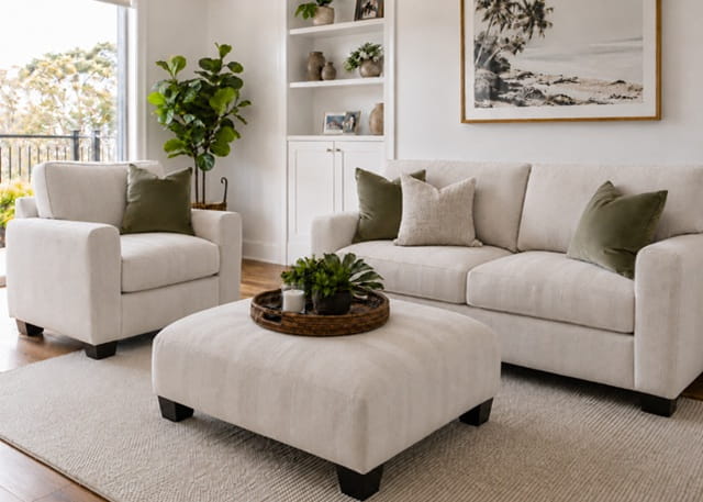 Complete fabric lounge suite freshly cleaned in a Melbourne living room – sofa, armchair and ottoman