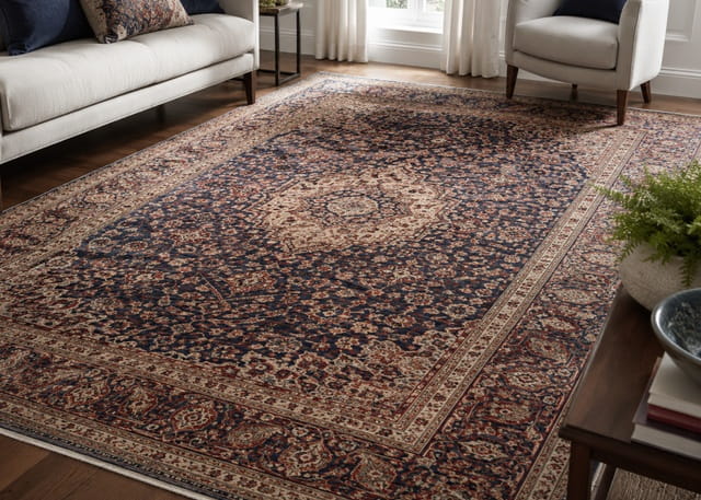 Traditional Persian rug with intricate medallion pattern and fringe