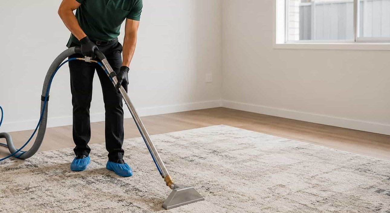 Professional cleaner steam cleaning a large rug in an empty Sydney rental property using hot water extraction equipment.