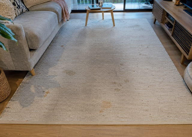 Stained wool rug before professional rug cleaning in a Melbourne living room