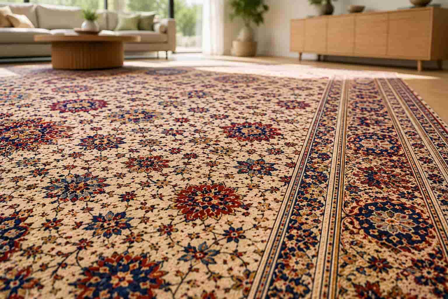 After professional rug cleaning showing a restored Persian-style area rug with vibrant colours and refreshed fibres in a modern Perth home