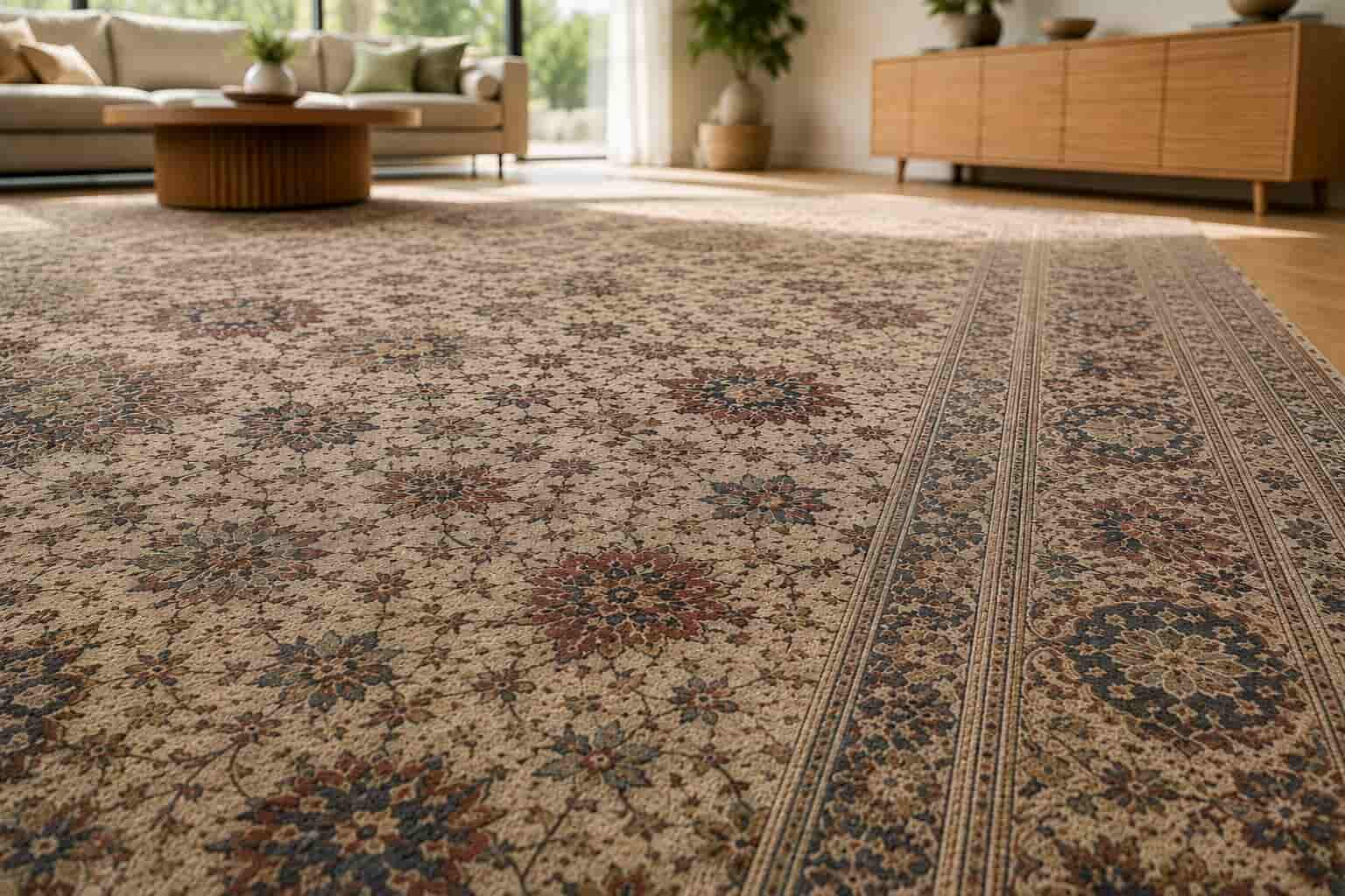Before professional rug cleaning showing a Persian-style area rug with dull colours, flattened fibres, and embedded dirt in a modern Perth home