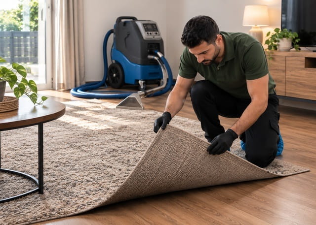 Rolled rug being collected from a Sydney apartment for specialist off-site cleaning