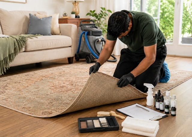 Wool rug gently hand-brushed during the cleaning process, Perth