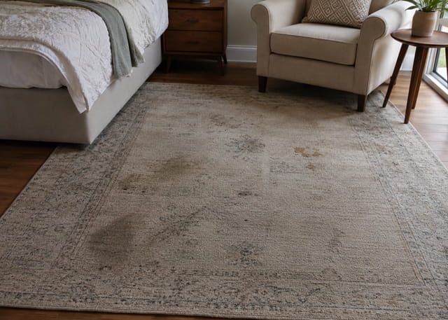 Soiled bedroom rug before professional rug cleaning in a Sydney home