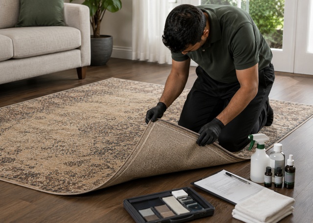 Rug specialist inspecting fibre and weave before cleaning, Melbourne