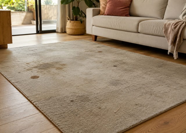 Dull, stained rug with flattened pile showing signs it needs professional cleaning, Melbourne