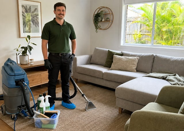 Technician prepared for professional sofa cleaning in a coastal Sydney home