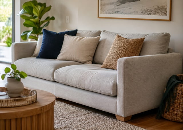 Fabric sofa being deep cleaned with an upholstery extraction tool