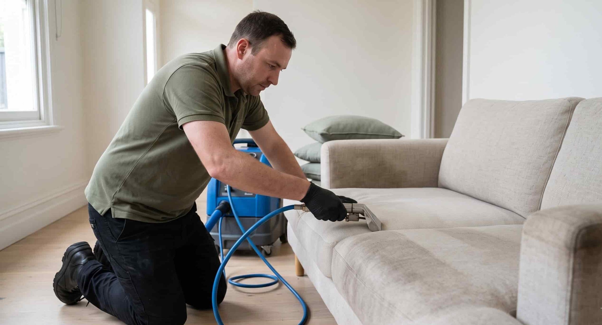 Technician cleaning an oatmeal fabric sofa cushion with an upholstery hand tool in a Melbourne home