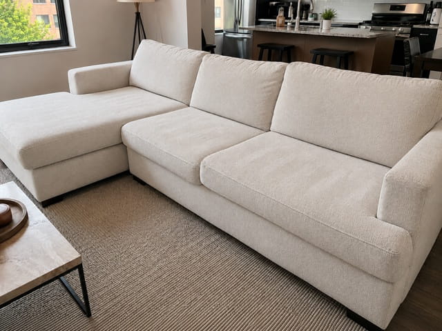 Same sofa after professional upholstery cleaning in Melbourne – stains removed, fabric refreshed
